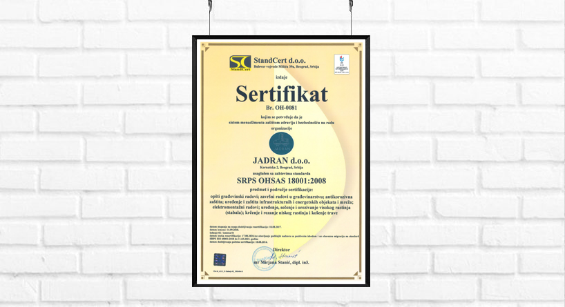 Sertifikat SRPS OHSAS 18001-2008 - Jadran doo